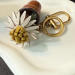 Tory Burch White & Mustard Daisy Leather Key Fob with Gold Hardware Bag Charm